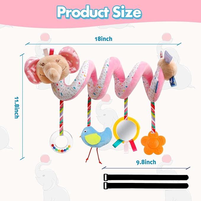 Baby Car Seat Toys Activity Stroller Toy for Boys Girls 0 3 6 9 10 12 Months, Spiral Hanging Plush Toys, Baby Shower Thank You Gifts