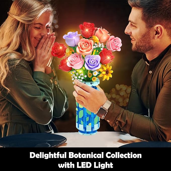 Roses Flowers Building Set with Vase & LED Light, Mother's Day 16 Mini Flowers Bouquet Botanical Building Blocks Toy, Birthday Gifts for Adults, Artificial Flowers for Home Decor & Display