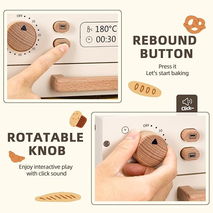 OOOK Wooden Kids Oven, Pretend Play Oven for Toddlers with DIY Stickers, Kitchen Play Set Accessories with Push-Pull Baking Tray. Ideal Choice for Boys and Girls Aged 3+