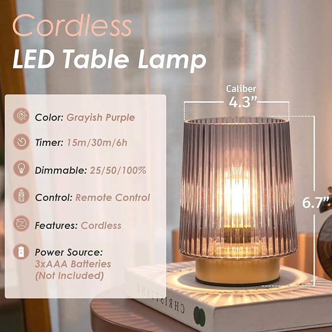 Battery Operated Lamp with Remote Control, Cordless Table Lamps for Home Decor, Portable Dimmable Brightness Small Lamp with Timer for Room Decorative Corner Bedroom (Lavender Purple)