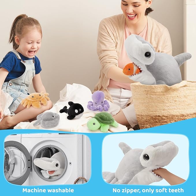 MaoGoLan 7Pcs Shark Plush Toys Hammerhead Shark Stuffed Animals Set for Kids, 6 Sea Creature Plushies inside No-Zipper Mouth, Party Favor Stuffed Animal Bundle for Girls Christmas Valentine's Day Gift