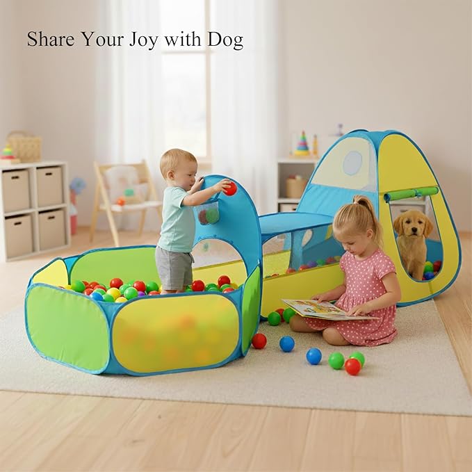 3 in 1 Kids Play Tent with Tunnel & Ball Pit,Pop Up Indoor/Outdoor Playhouse for Boys and Girls,Crawling Tunnel Toy with Fun Toss It Game Zone,Easy Setup Foldable Carry Bag (Balls Not Included)