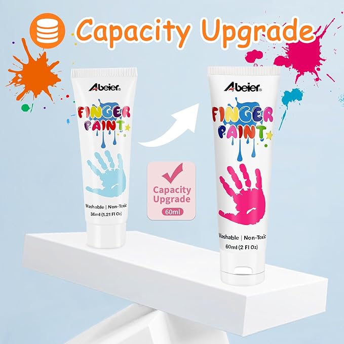 ABEIER Washable Finger Paint for Toddlers, Safe Non-Toxic, 12 x 2oz Vibrant Colors, Baby Safe Paint for Hand and Feet, Mess Free Art Supplies for Kids, Preschool Learning Gifts, Ages 1-3 4 5 6+