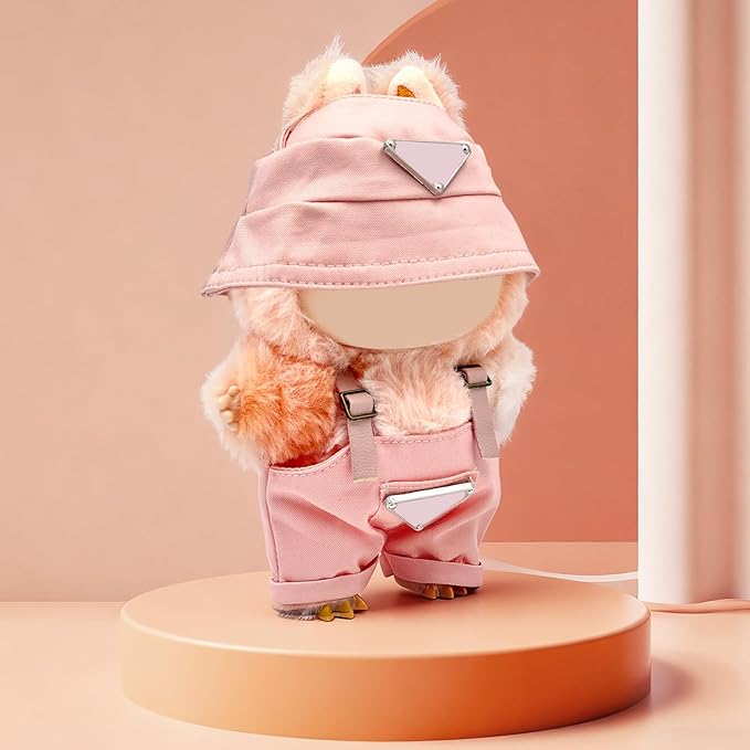 Clothes for 6.7in Plush Doll(NO Doll), Hat & Overalls Set with Triangular Badge, Handcrafted 2-Piece Clothes Set, Fashion Cute Outfit for Dolls Accessories(Pink)