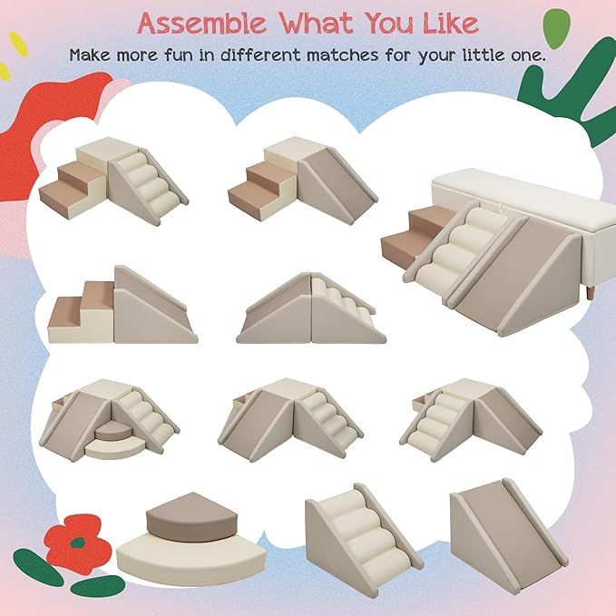 Merax Indoor Climbing Toys for Toddlers, 9-Piece Foam Climbing Blocks Climb & Crawl Tunnel Soft Play Set (9-Piece Cappuccino)