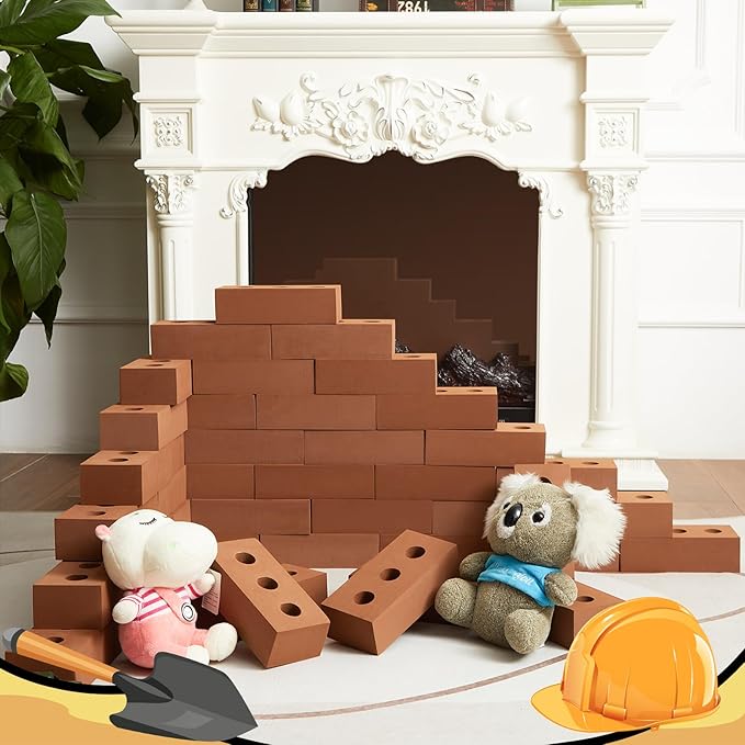 Deekin 80 Pcs Foam Brick Building Blocks for Kids Thick Blocks Foam Large Fake Brick Construction Toy for Stacking Construction, 8 x 4 x 2.4 in (Circle Holes)