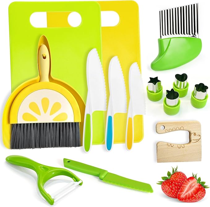 Chanking 15 Pieces Kids Safe Knife Set for Real Cooking Child-Friendly Plastic Chef Tools Montessori Kitchen Toys for Toddlers with Bright Colors Gifts for Boys and Girls