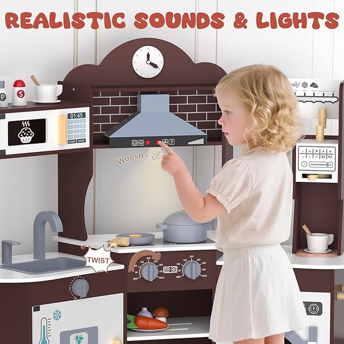 ANPABO Play Kitchen for Kids, Wooden Kids Kitchen Playset for Toddlers with Lights & Sounds, Pretend Play Toys with Coffee & Ice Maker, 30Pcs Toy Kitchen Accessories Gift for Boy&Girl (Espresso)