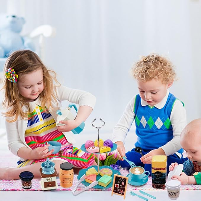 Pretend Tea Party Set for Little Girls, 48 PCS Coffee Maker Set and Play Food Dessert Set for Kids Age 3 4 5 6 7 8 9, Kids Kitchen Pretend Play for Princess Girls Boys(Blue)