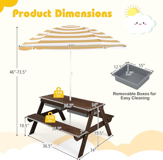 Costzon Kids Picnic Table with Sensory Bins, 4 in 1 Sand and Water Table with Height Adjustable Umbrella, Removable Tabletop for Outdoor Backyard Patio Play