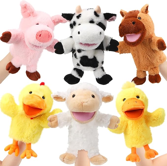 Lenwen 6 Pcs Operation Christmas Items Bulk Animal Hand Puppets with Working Mouth 10 Inches Plush Puppets for Toddler Kid Storytelling Imaginative Role Play Show Party Gifts(Farm Animal)