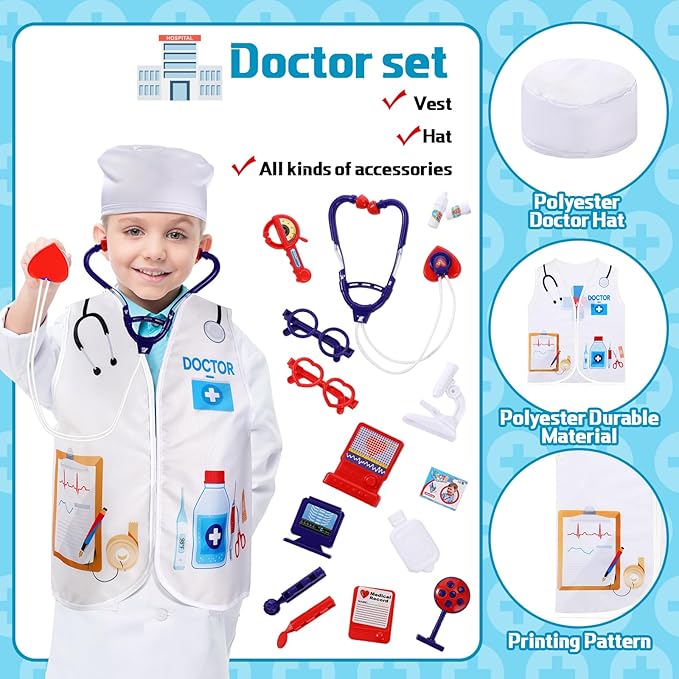 3 Sets Kids Dress up and Role Play Clothes, Boys Girls Dress up Clothes Costumes, Doctor, Chef, Explorer Vest for Kids Children Pretend Role Accessories