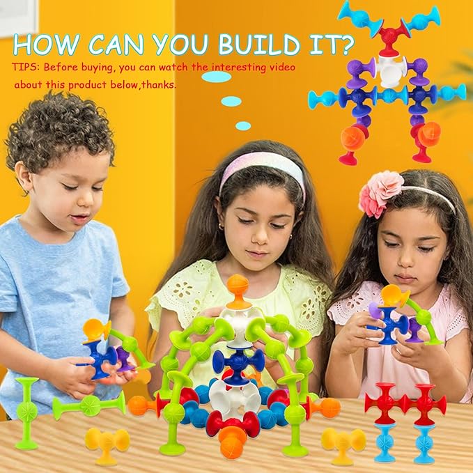 68 Piece Suction Cup Bath Construction Set - Silicone Building Blocks DIY Sucker Bathub Toys, Sensory Toy for Toddlers 3-8 Year Old Boys and Girls