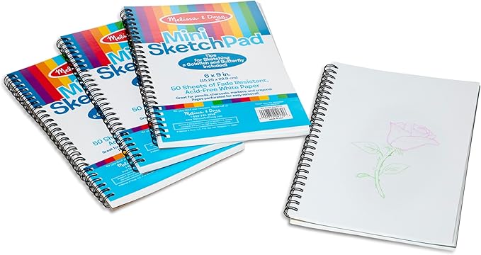 Melissa & Doug Mini-Sketch Spiral-Bound Pad (6 x 9 inches) - 4-Pack Sketch Book for Kids, Kids Drawing Paper, Drawing and Coloring Pads