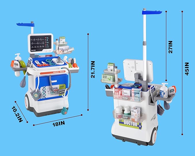 Doctor Kit for Toddlers - Deluxe Pretend Play Medical Cart Toy Set with Stethoscope ,Thermometer,Doctor Costume & Carry Bag - Educational Role Play Gift for Kids Boys & Girls Ages 3 4 5(Blue)