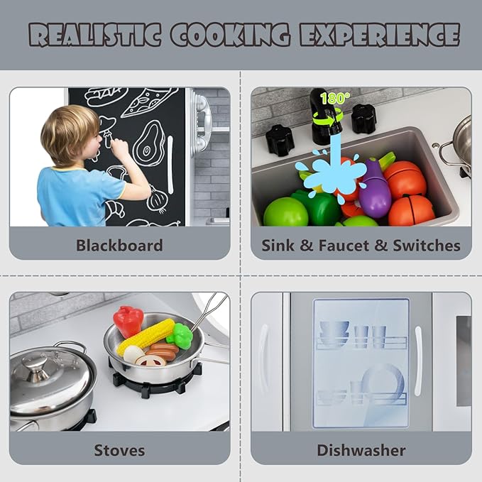 Costzon Kids Kitchen Playset, Wooden Pretend Cooking Toy Set w/Realistic Sound, Large Blackboard, Telephone, Microwave, Ice Maker, Dishwasher, Oven, Storage Space, Play Kitchen for Kids Ages 3+ (Grey)