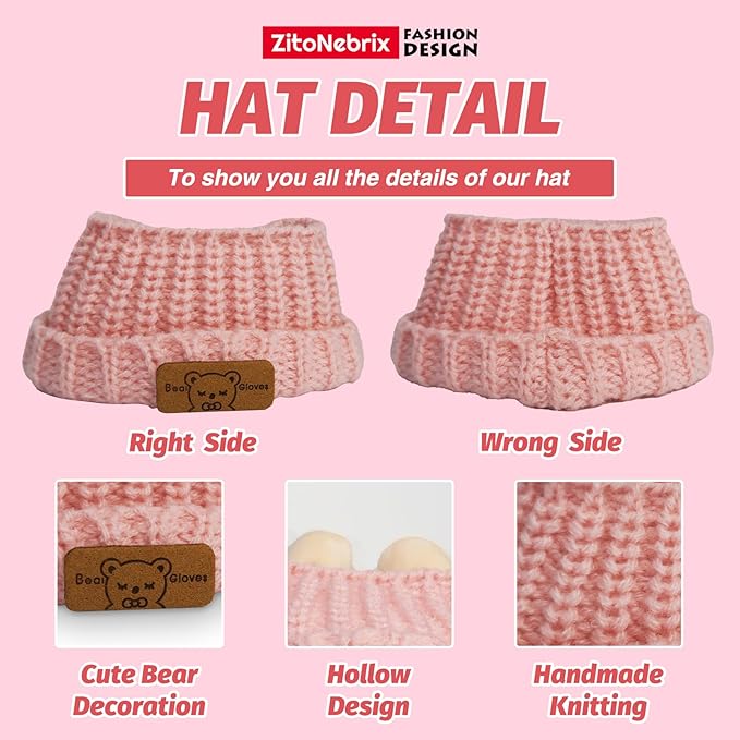 Cloth for 15cm ＆ 17cm Doll,5-Piece Handcrafted Crochet Outfit(NO Doll) - Pink Clothes + Bear- Velvet hat + Glasses + Shoulder Bag + White Shoes (Light Pink Clothes)