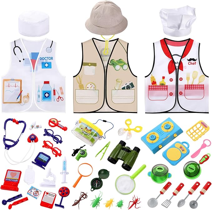 3 Sets Kids Dress up and Role Play Clothes, Boys Girls Dress up Clothes Costumes, Doctor, Chef, Explorer Vest for Kids Children Pretend Role Accessories