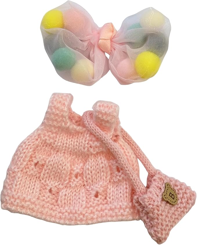 Clothes for Dolls, Handcrafted Crochet 3-Piece Set for 17cm Doll, Cute Stylish Knitted Outfit with Headband, Dress, Bag Accessories for Doll