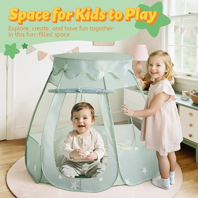 Pop Up Play Tent with Star Light：Neutral Toy for Boy Girl Birthday Gifts, Portable Ball Pit with Outdoor Carry Bag, Collapsible Kids Tent for Toddler Indoor Activity Playhouse,NO Balls(Green)