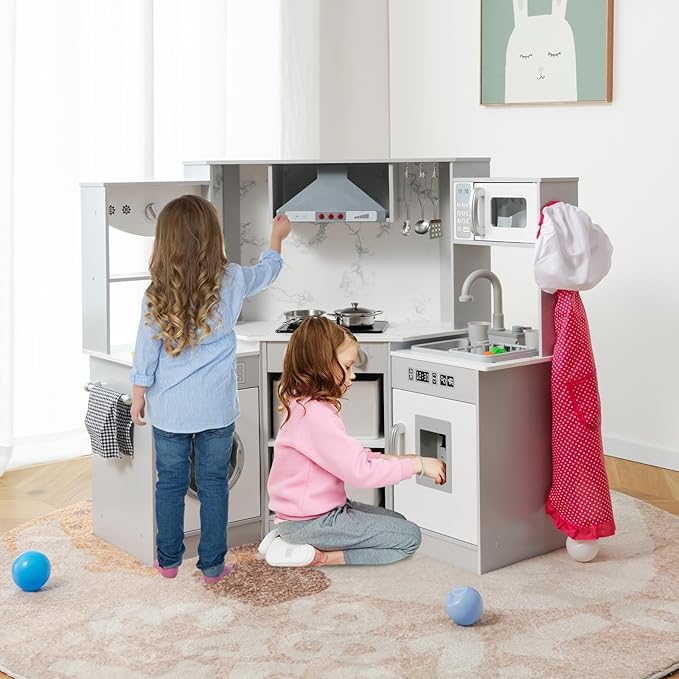 Costzon Corner Play Kitchen, Wooden Toddler Kitchen Playset with Lights and Sounds, Water Circulation System, Washing Machine, Toy Kitchen with Accessories, Kids Kitchen Playset (Grey)