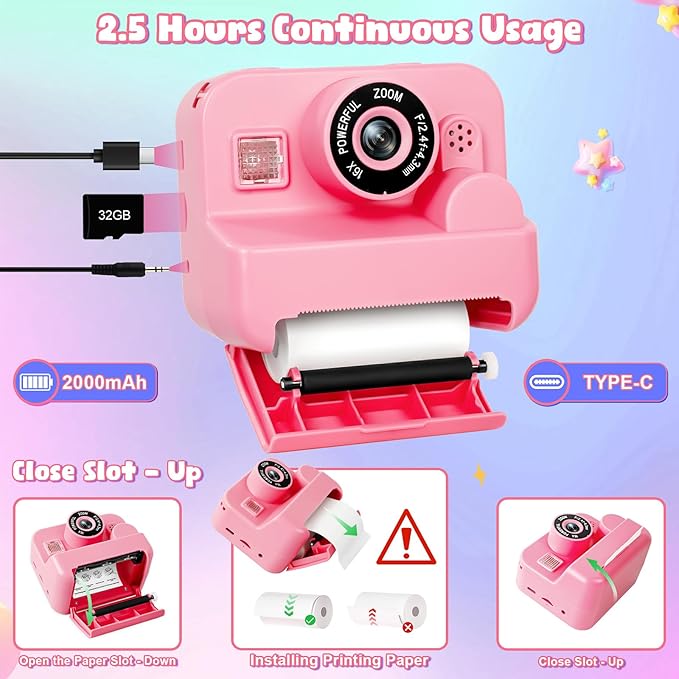 Kids Camera Instant Print - 1080P HD Video Digital Camera for Toddler with Printing Photo Paper, Portable Toy for 4 5 6 7 8 9 10 Years Old, Christmas Birthday Gifts for Boys Girls (Pink)