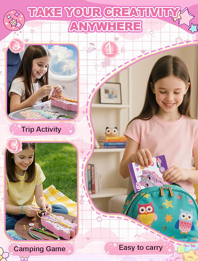 Friendship Bracelet Making Kit for Girl, DIY Arts and Crafts Toy for Teen Ages 6 7 8 9 10 11 12, Birthday Gift Ideas for Girls,, Unicorn Jewelry Bracelet Making Set,Pink