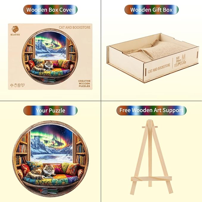 Wooden Puzzles for Adults, Warm Cats and Books Jigsaw Puzzles, Unique Shaped Wooden Puzzle for Adults and Kids, Birthday Gift Family Game.(11.4X 11.4 in 200pcs)