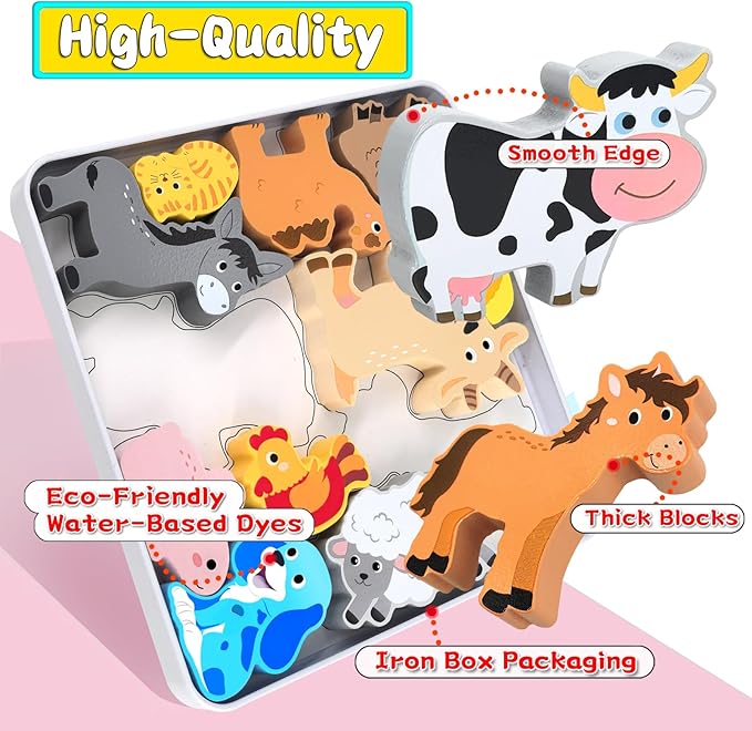 Wooden Animal Puzzles Toys for Toddlers,12 Pcs Farm Animal Figures,Animal Matching Sorting Stacking Toys for Boys Child Girls,Educational Learning Toys Gift for Kids