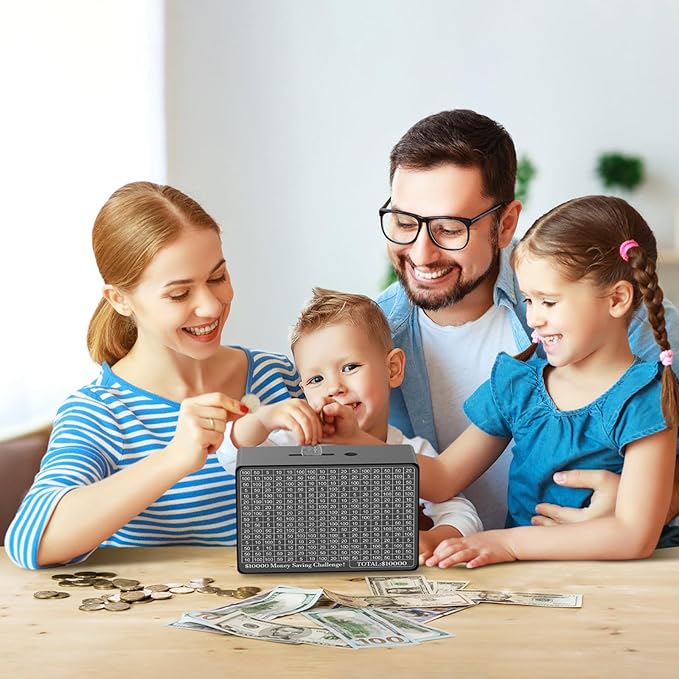 Wooden Money Saving Box, Cash Vault Savings Box for $10000 $5000 $3000 $1000 $800 $500 Target Money Saving Challenge, Reusable Money Box with Counter, Dry Erase Pen/Savings Trackers/Rubber Band-Black