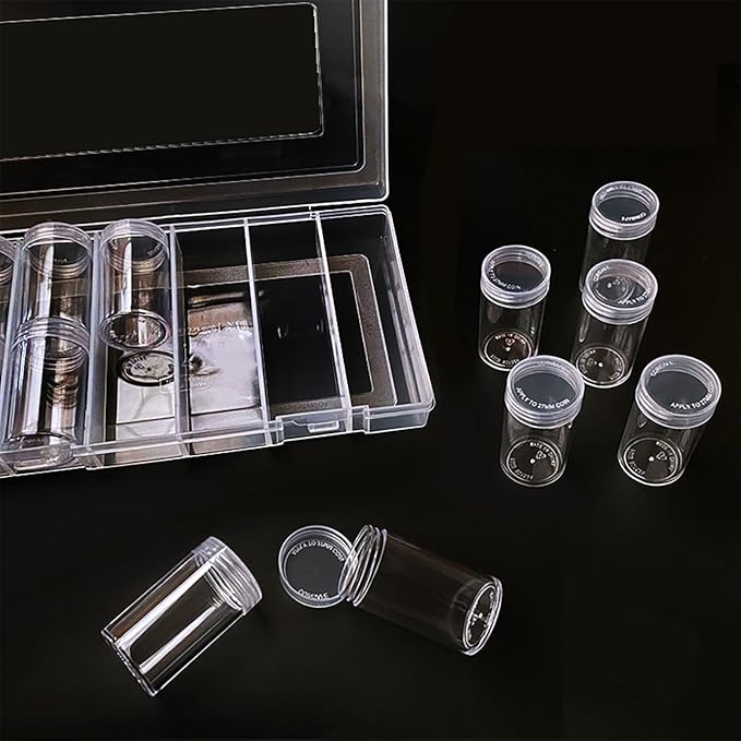 24 Pcs Round Plastic Coin Tubes with Box, Cent Nickel Dime Storage Tubes with Lid, Quarter Dollar Storage Holders Containers Coin Collecting Supplies