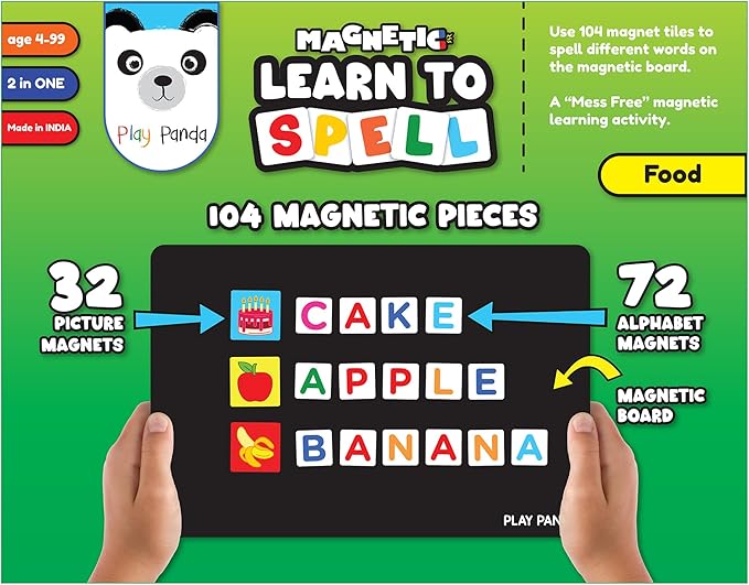 Magnetic Educational Toys for Kids Aged 3 4 5 6 – Learn to Spell Foods| 104 Magnet Pieces – 32 Picture & 72 Letter with Magnetic Board & Spelling Game Guide | Preschool Learning Toy for Girls & Boys