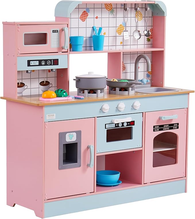 VEVOR Wooden Play Kitchen Toy, Play Kitchen for Kids with Lights and Sounds, Toddler Kitchen with Ice Maker, Oven, Sink, Microwaves, Fridge and Utensil and Fruit Accessory for Toddlers Ages 3-8, Pink
