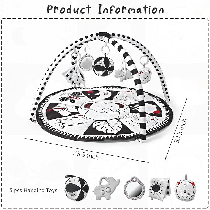 Black and White Tummy Time Mat, Play Mat for Babies 0-6 Months High Contrast Baby Play Activity Gym Baby Tummy Time Play Mat with 5 Toys for Early Sensory Exploration Newborn Infant Baby Playmat