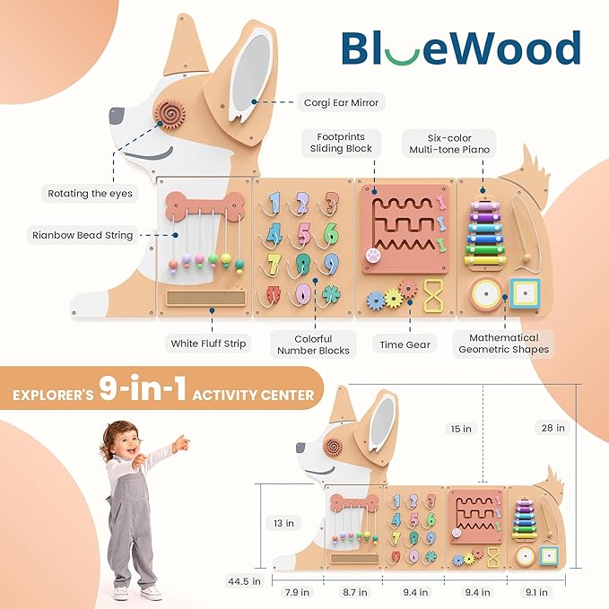 BlueWood Corgi Wall Busy Board Panels, Toddler Learning Activity Center, Montessori Philosophy Sensory, Educational Toys, Conducive to All-Round Development