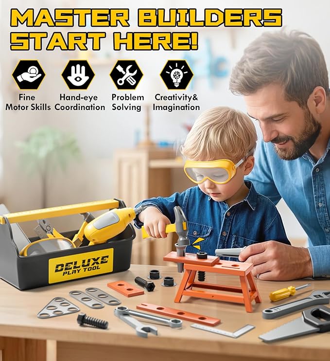Lehoo Castle Kids Tool Set with Electric Toy Drill and Tool Box, Construction Toys for 3 Year Old Boys Birthday Gift, Pretend Play Toddler Tools for 3-5 Years Old (Yellow)
