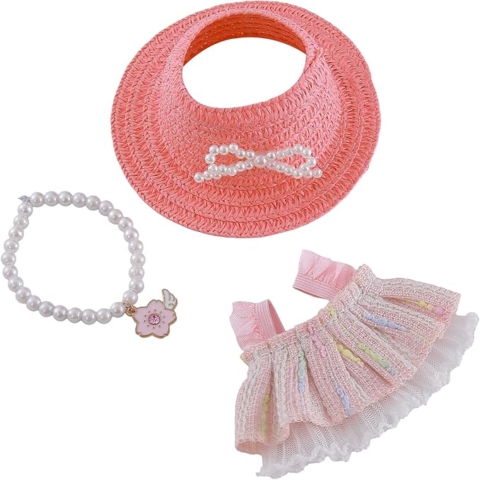 Clothes for Doll 3 PCS 17cm Clothes Set Cute Style Outfit Pink Dress Straw Hat Necklace for 6.7 Inches Doll Only Accessories