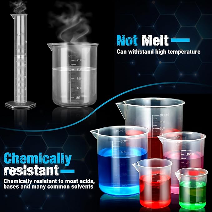 moveland Plastic Graduated Cylinders and Beakers with 5 Pipettes, 10ml 25ml 50ml 100ml Cylinders, 50ml 100ml 250ml 500ml 1000ml Beakers, Ideal for DIY and Kids Science Lab