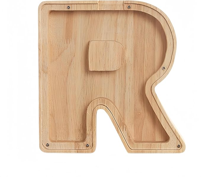 Wooden Alphabet Piggy Bank Clear Acrylic Panel Coin Savings Box Personalized Money Bank for Kids Boys Girls Adults, Birthday Home Décor(R)