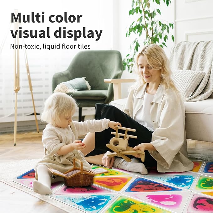 Art3d 6-Pack Triangle Liquid Sensory Floor Tiles, Colorful Liquid Fusion Play Mats for Kids Toddler, 15" x 15"