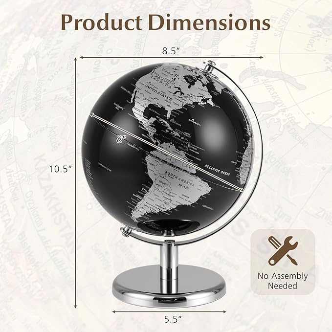 8" World Globe, Black Earth Globe with Silver Accents, Metal Stand, Non-slip Base & Time Zone, Decorative Tabletop Desk Globes for Classroom, Office & Home