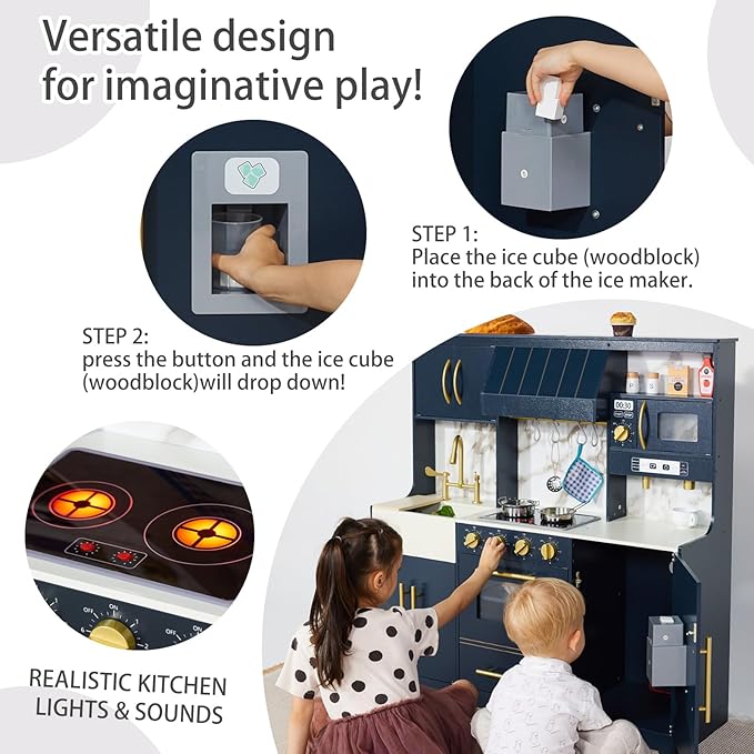Wooden Play Kitchen for Kids with 14 Pcs Accessories, Interactive Pretend Play Kitchen Toys Set with Realistic Features, Learning Toy Gift for Boys & Girls Ages 3+ (Dark Blue)