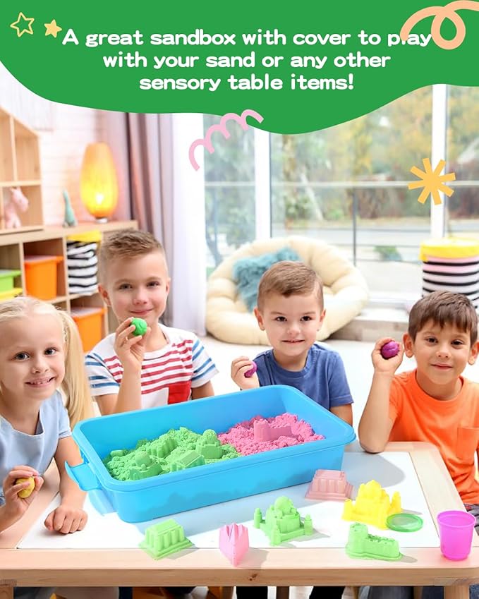 Sensory Bin Sand Tray with Lid for Toddlers 2 Pcs 15in Portable Sandbox Toy Large Plastic Tray for Kids 3 4 5 6 Fill with Sand, Water, Beads, and More (Green+Blue)