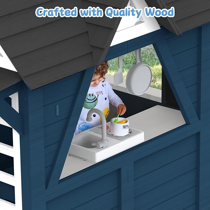 Kids Playhouse Outdoor,Wooden Play House Playset for Kids, Large, Sturdy, Realistic Design with Kitchen, Doorbell, Flower Pot, Stove, Sink & Clock, Perfect for Kid Ages 3-8 (Blue)