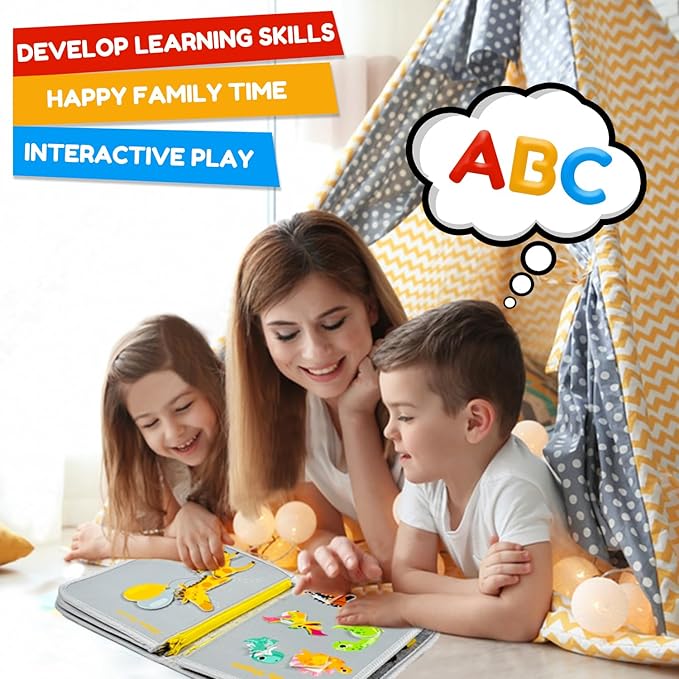 Qizfun Busy Board Montessori Toy for Toddlers, Educational Sensory Learning Toy for Fine Motor Skills, Preschool Travel Toy for Airplane & Car, Gifts for Boys and Girls