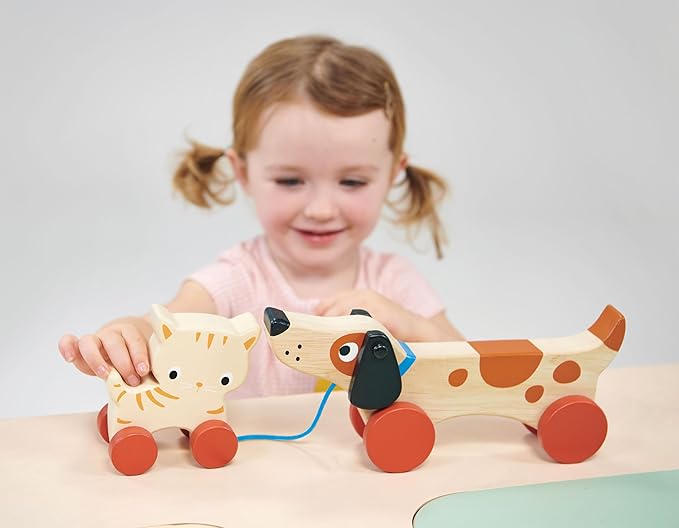 Mentari Toys - Puppy on Wheels - Wooden Dog Pull Toy for Toddlers - Natural Wood Toy with 7 inch Pull Chord, 4 Wheels, Rotating Ears - Enhances Motor Skills - Fosters Imaginative Play - Age 18M+