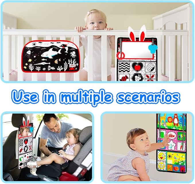 Tummy Time/Baby Mirror Toys, Black and White High Contrast Tabletop Mount Baby Newborn Toys 0 3 6 Months Brain Development, Sensory Texture Piano Infant Toys 0 3 6 Months with Squeaker