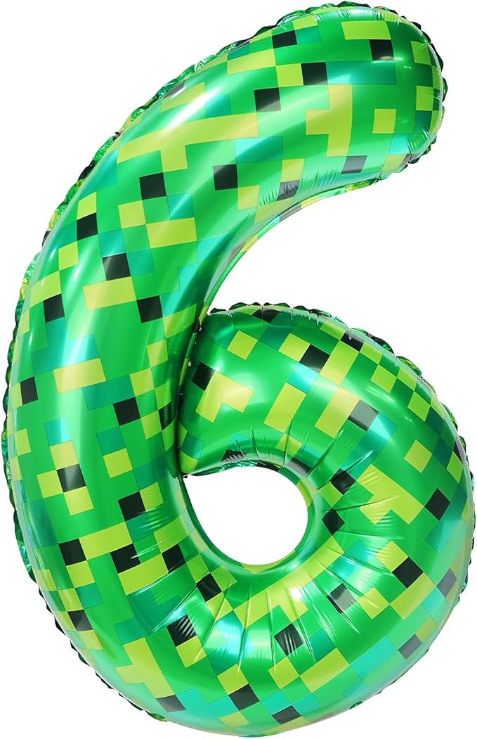 40in Pixel Giant Number 6 Balloon Birthday Decorations, Miner Theme Green Foil Balloons Blast Gaming Party Supplies