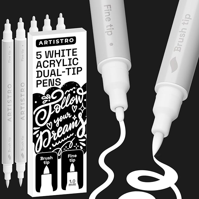 ARTISTRO 5 White Dual Tip Brush + Fine Acrylic Paint Pens Ideal for Calligraphy - Paint Markers for Fabric, Rock, Glass, DIY - Stocking Stuffers, Christmas Gift Idea for Teens, Grandkids, Kids