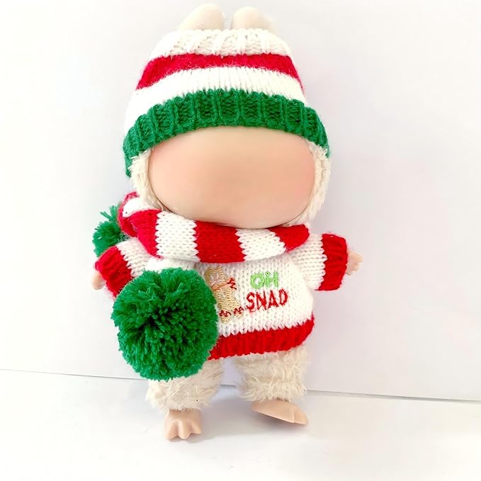 Christmas 17cm Doll Clothes Set(No Doll), Hat & Overalls Set for 17cm Labubu Suit, Cute Cloth for Dress up Unique Style Dolls Outfit Stylish Clothes for Labubu (Christmas Sweater)
